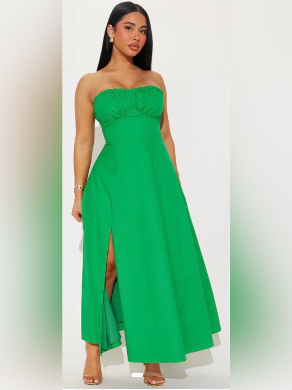 Fashion Nova Strapless Green Midi Dress with Front Slit